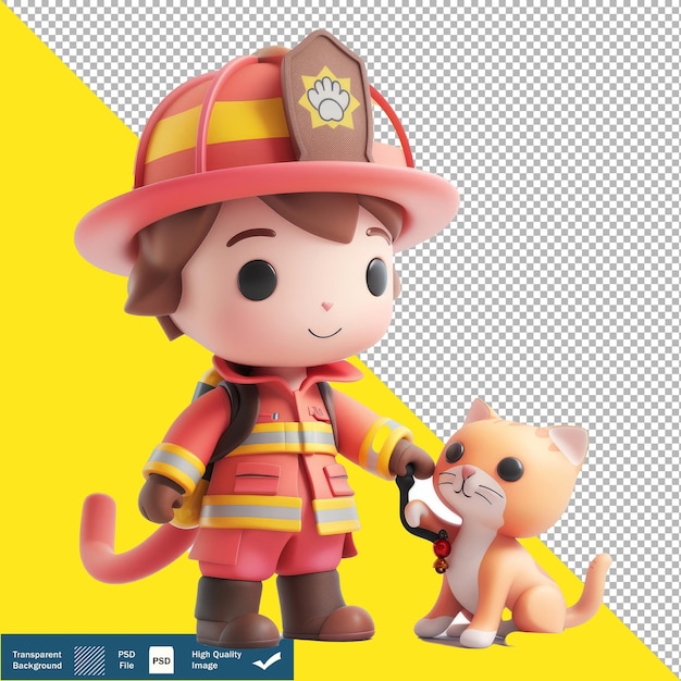 PSD bonito bombero rescatando a un gatito con fondo transparente de dibujos animados png psd