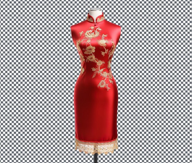 PSD un bonito cheongsam de seda roja con bordado dorado aislado sobre un fondo transparente