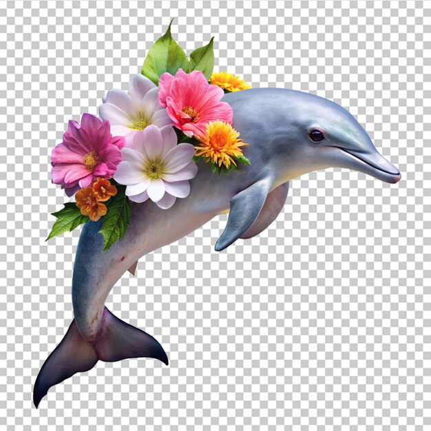 PSD bonito delfín bebé decorado con flores en un fondo transparente