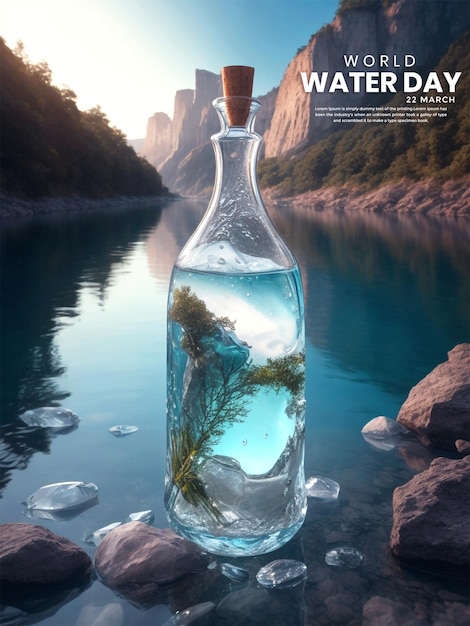 PSD bonito día mundial del agua y lleno de agua limpia dentro de botellas de cristal con un fondo natural