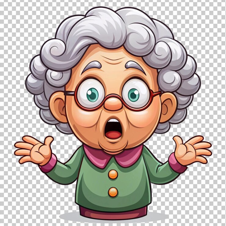 PSD bonito dibujos animados sorprendido anciana en fondo transparente