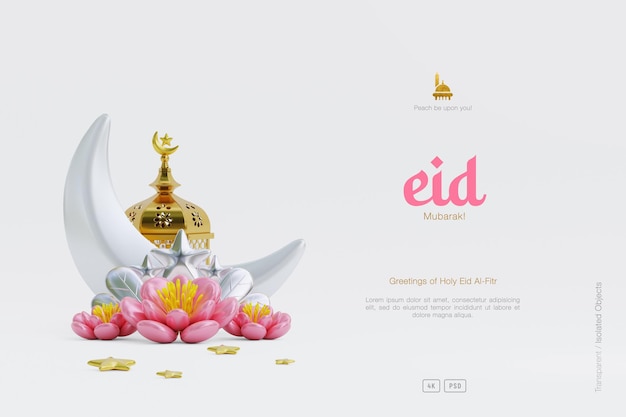 PSD bonito fundo de saudação eid al fitr decorado com lua crescente 3d e flores