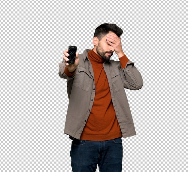 PSD bonito, homem, com, barba, com, perturbado, segurando, quebrada, smartphone