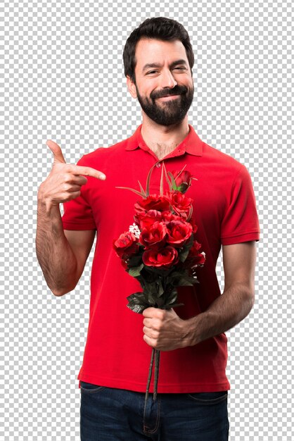 PSD bonito, homem, segurando, flores, apresentando