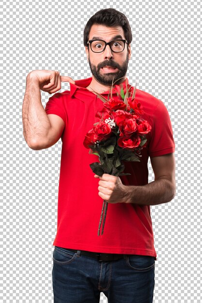 PSD bonito, homem, segurando, flores, com, febre