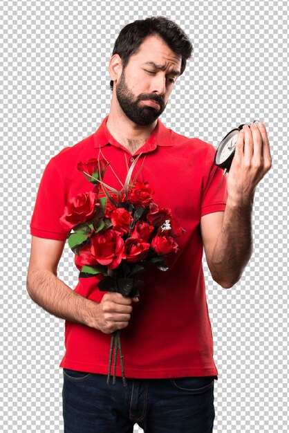 PSD bonito, homem, segurando, flores, segurando, relógio vintage