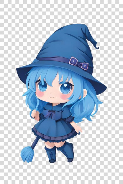 PSD bonito kawaii chibi bruxa anime estilo desenho animado personagens engraçados de halloween isolados transparentes png