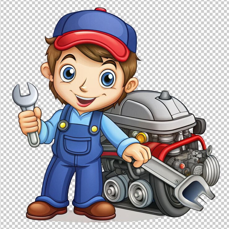 PSD bonito mecánico de dibujos animados haciendo servicio a un motor de coche en un fondo transparente