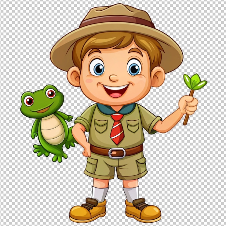 PSD bonito menino escoteiro de desenho animado com sapo e sapo em fundo transparente
