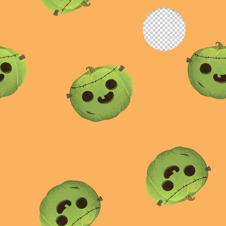 PSD bonito padrão sem costura de abóbora de halloween frankenstein em fundo laranja