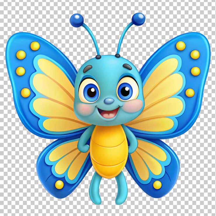 PSD bonito personaje de mariposa azul y amarillo de dibujos animados en un fondo transparente