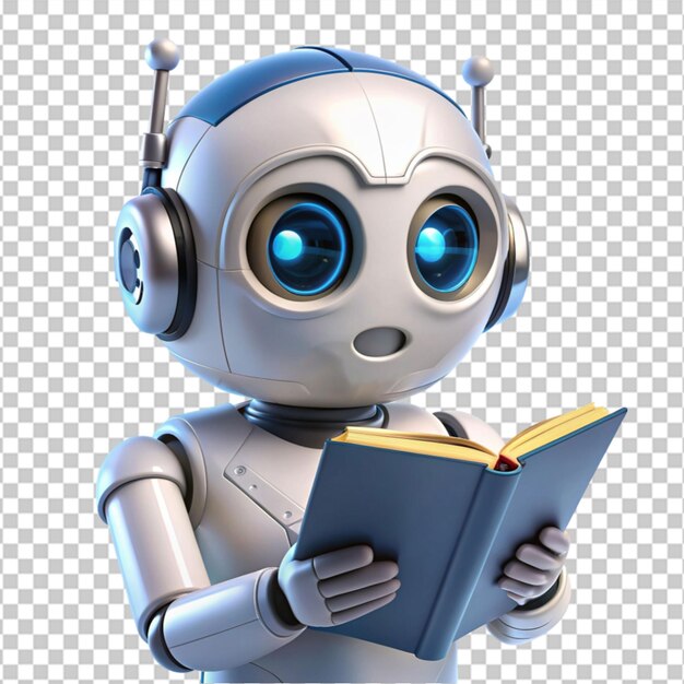 PSD un bonito robot chatbot leyendo un libro de fondo transparente