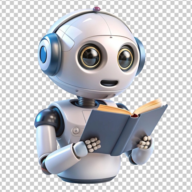 PSD un bonito robot chatbot leyendo un libro de fondo transparente