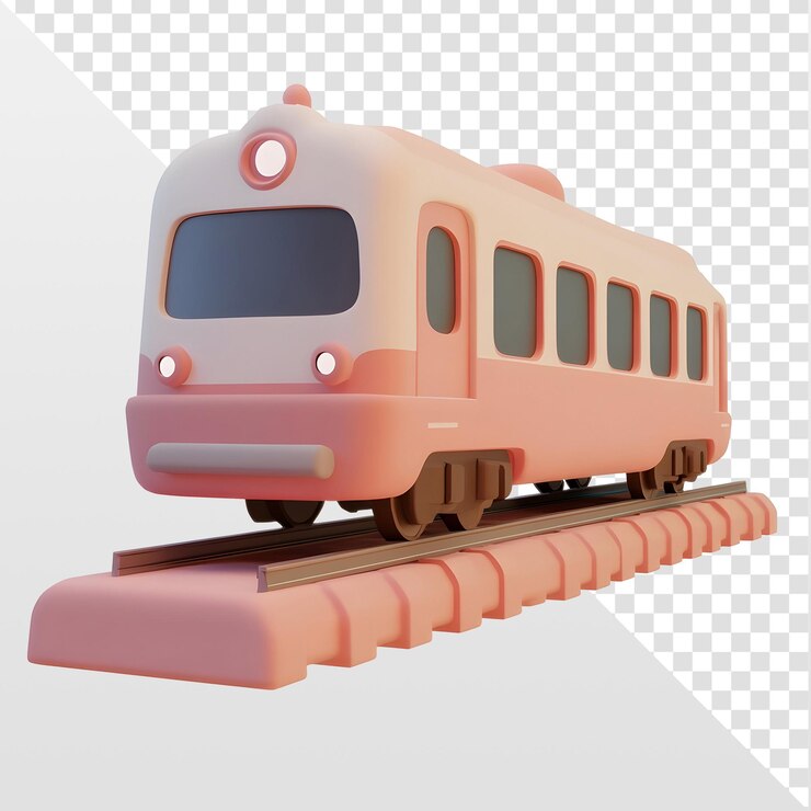 El bonito tren rosa de dibujos animados en un ferrocarril