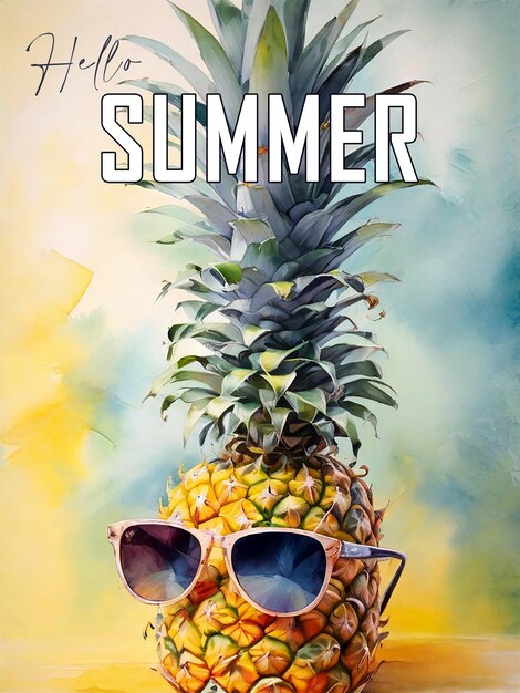 PSD bonjour ananas d'été avec fond d'aquarelle à lunettes de soleil