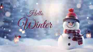 PSD bonjour concept d'hiver modèle de bannière bonhomme de neige heureux dans le paysage d'hiver arrière-plan