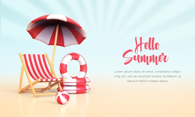 PSD bonjour fond de concept de vacances d'été avec parapluie de chaise de plage 3d et composition d'éléments d'été