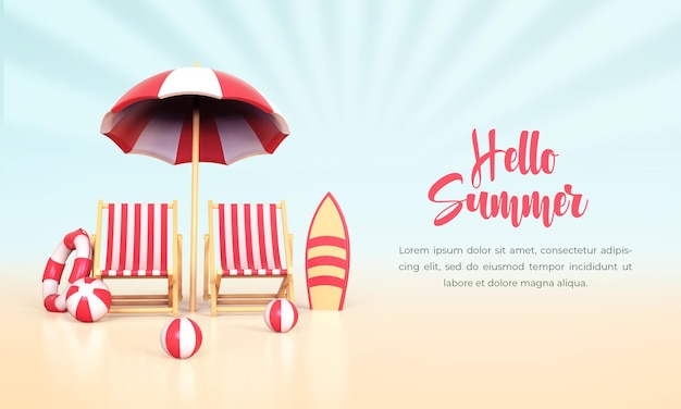 Bonjour fond de concept de vacances d'été avec parapluie de chaise de plage 3d et composition d'éléments d'été