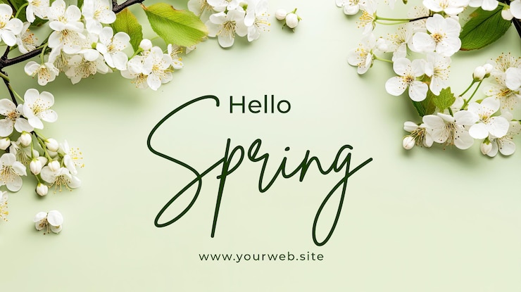 PSD bonjour modèle de bannière de printemps avec fond de bordure de printemps avec des fleurs blanches à plat