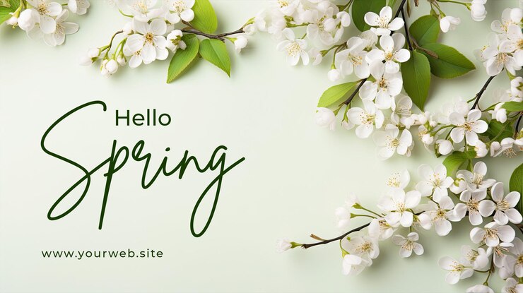 PSD bonjour modèle de bannière de printemps avec fond de bordure de printemps avec des fleurs blanches à plat