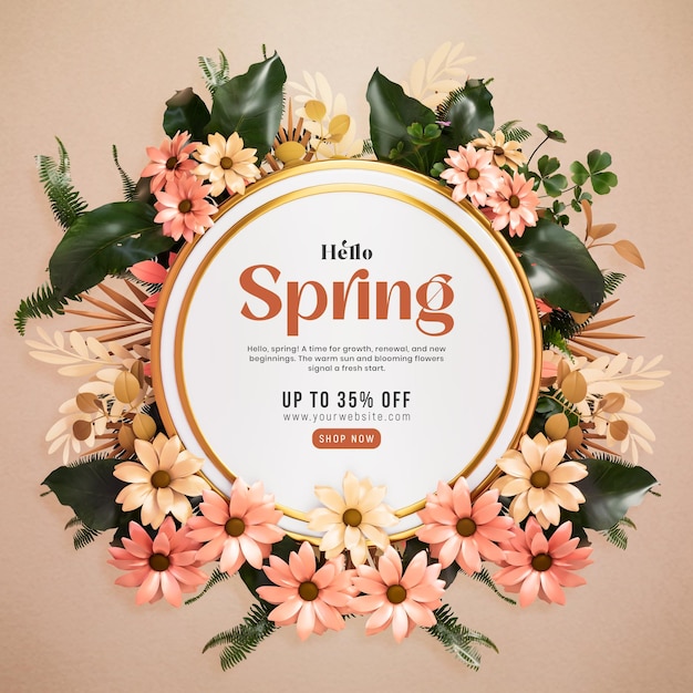 Bonjour post 3d de printemps avec des fleurs et des feuilles