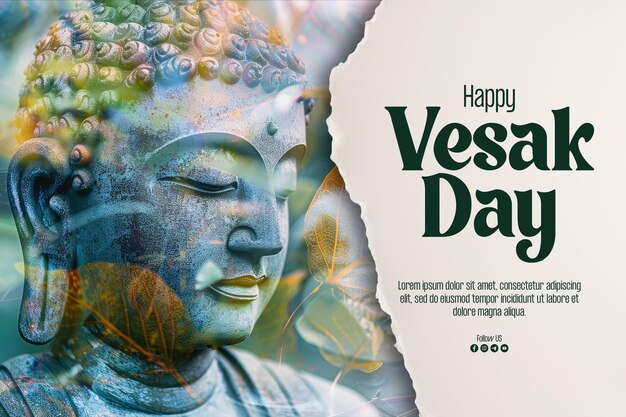 PSD bonne affiche du jour du vesak avec magha asanha visakha puja day statue de bouddha feuille de bodhi avec double