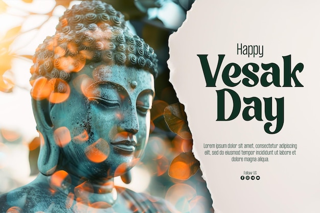 PSD bonne affiche du jour du vesak avec magha asanha visakha puja day statue de bouddha feuille de bodhi avec double