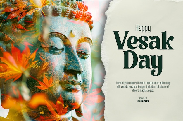 PSD bonne affiche du jour du vesak avec magha asanha visakha puja day statue de bouddha feuille de bodhi avec double