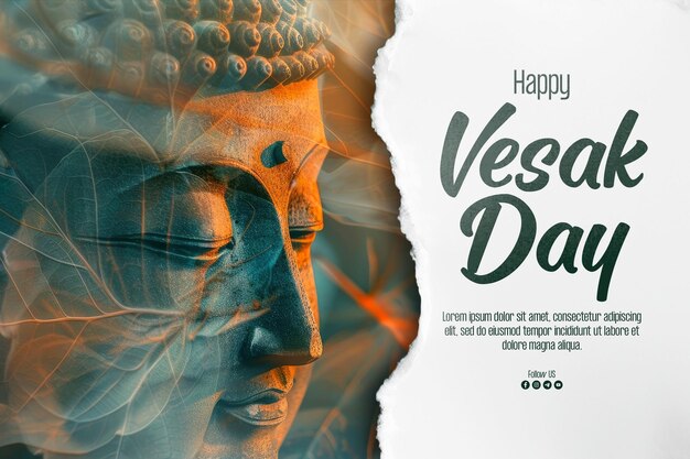 PSD bonne affiche du jour du vesak avec magha asanha visakha puja day statue de bouddha feuille de bodhi avec double