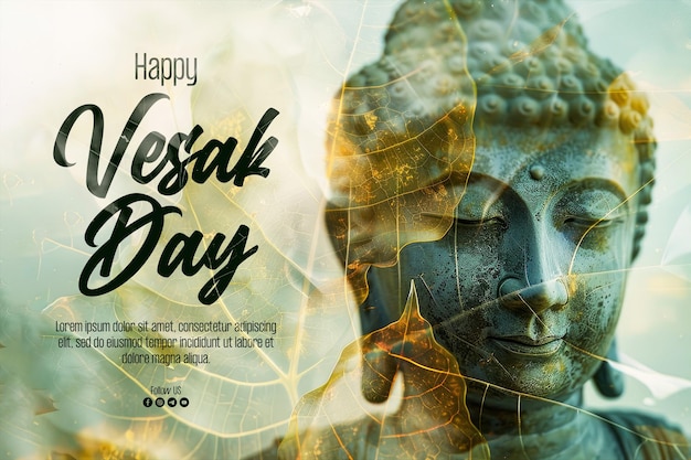 PSD bonne affiche du jour du vesak avec magha asanha visakha puja day statue de bouddha feuille de bodhi avec double