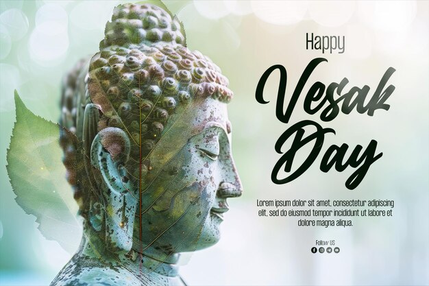 PSD bonne affiche du jour du vesak avec magha asanha visakha puja day statue de bouddha feuille de bodhi avec double