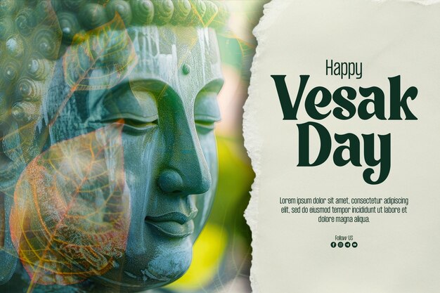 PSD bonne affiche du jour du vesak avec magha asanha visakha puja day statue de bouddha feuille de bodhi avec double