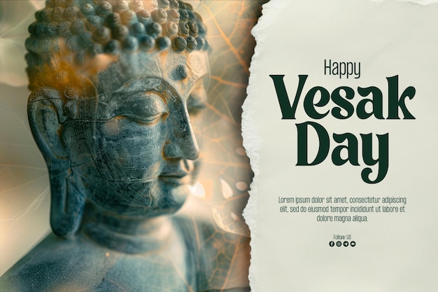 PSD bonne affiche du jour du vesak avec magha asanha visakha puja day statue de bouddha feuille de bodhi avec double