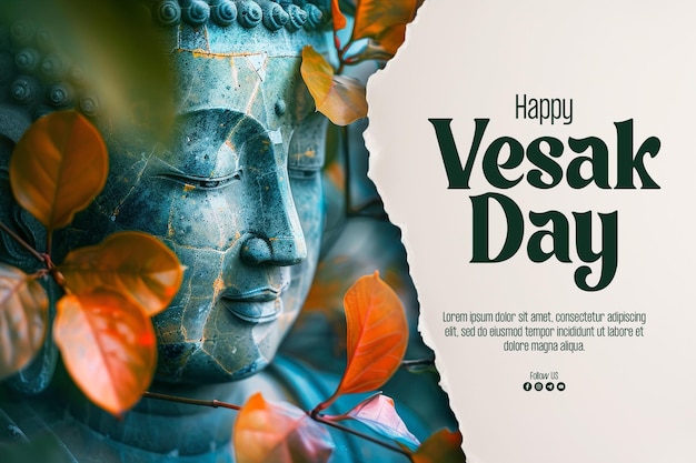 PSD bonne affiche du jour du vesak avec magha asanha visakha puja day statue de bouddha feuille de bodhi avec double