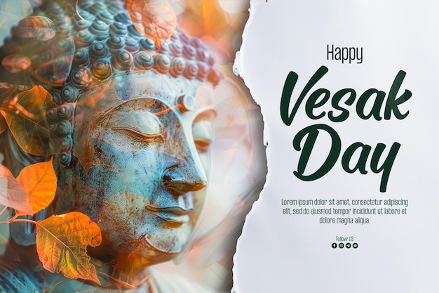 PSD bonne affiche du jour du vesak avec magha asanha visakha puja day statue de bouddha feuille de bodhi avec double