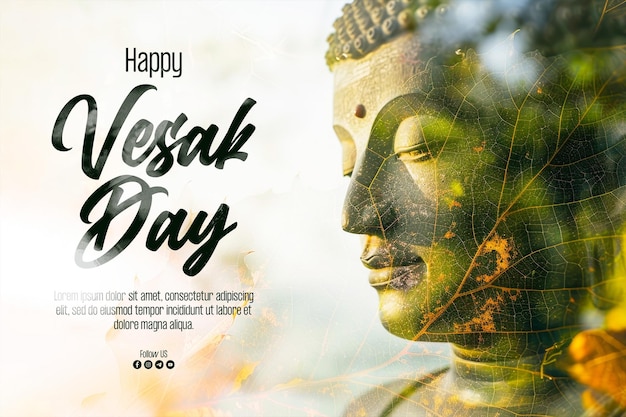 PSD bonne affiche du jour du vesak avec magha asanha visakha puja day statue de bouddha feuille de bodhi avec double