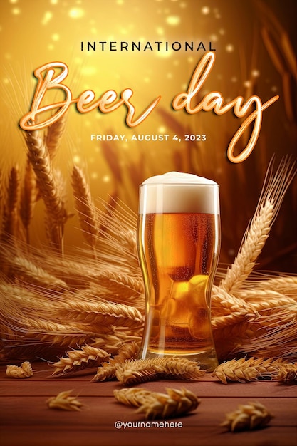 PSD bonne affiche de la journée internationale de la bière avec un verre de bière en arrière-plan