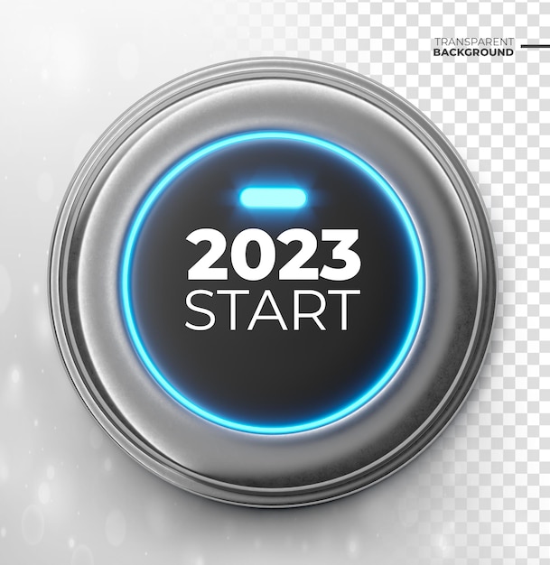 Bonne année 2023 rendu 3d avec bouton de démarrage pour modèle et arrière-plan transparent