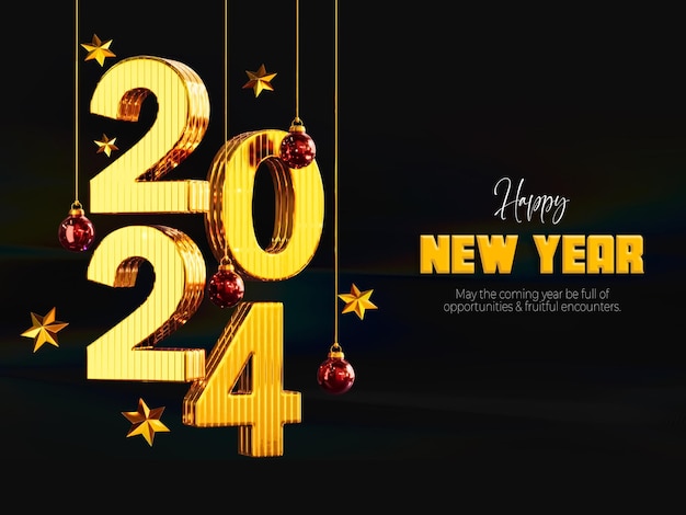 Bonne année 2024 3d rendu modèle de conception doré numéro de police or néon futuriste