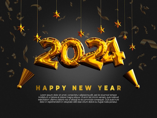 Bonne année 2024 3D rendu modèle de conception doré numéro de police or néon futuriste