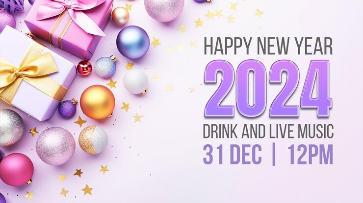PSD bonne année 2024 arrière-plan avec boîte à cadeaux de ballon luxe arrière-plan coloré