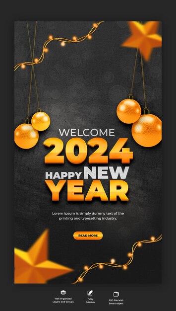 PSD bonne année 2024 célébration instagram et facebook story design de poste ou modèle de bannière