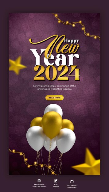 PSD bonne année 2024 célébration instagram et facebook story design de poste ou modèle de bannière