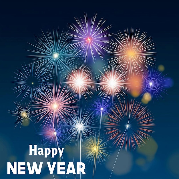 Bonne année célébration de l'événement modèle de conception avec des feux d'artifice et d'éclairage d'arrière-plan