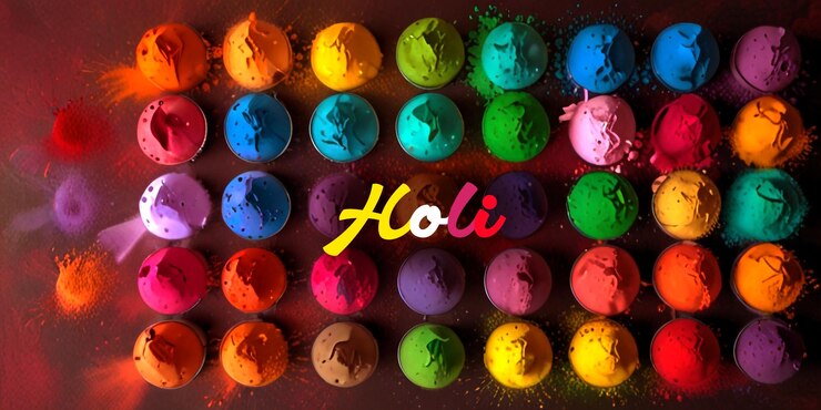 PSD bonne fête de l'holi modèle de bannière avec des bols de couleur de poudre d'holi à l'arrière-plan