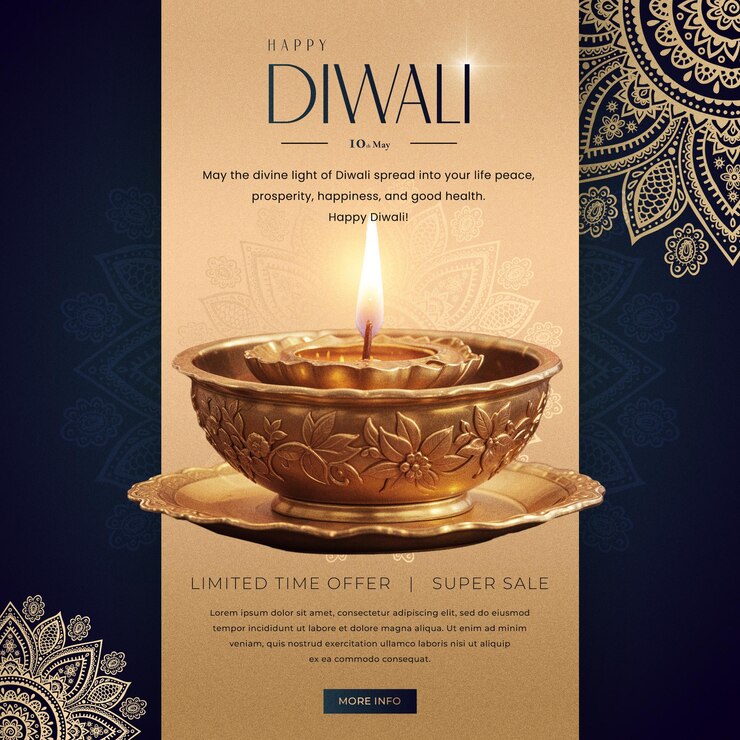 PSD bonne fête indienne de diwali à l'arrière-plan avec une décoration diya