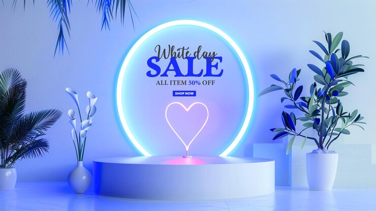Bonne journée blanche avec une exposition de produits sur le podium de vente