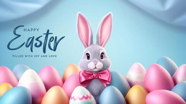 Bonne journée de Pâques avec des œufs réalistes peints de couleurs et un mignon lapin.