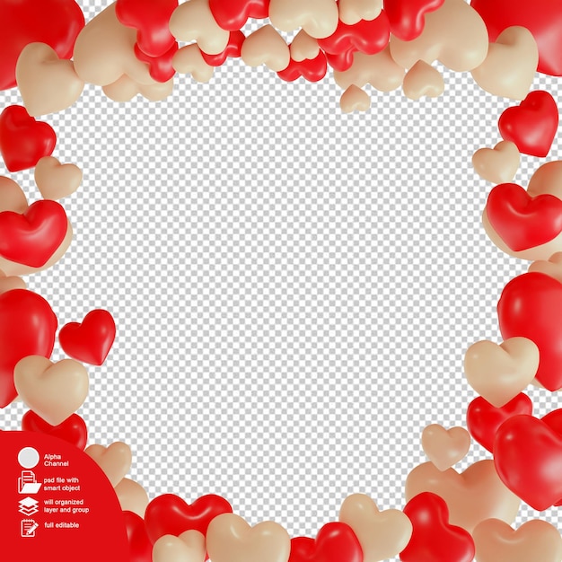 PSD bonne saint valentin avec rendu de cadre coeur 3d avec conception de modèle de fond transparent