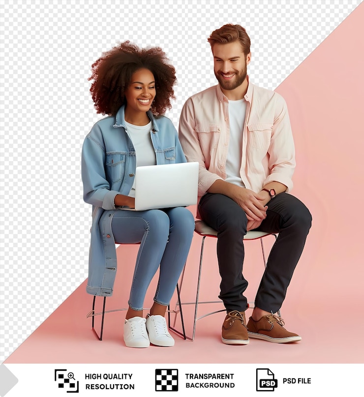 PSD bonnes nouvelles souriant jeune adulte mulatte femme assise et homme caucasien debout heureux en regardant dans l'ordinateur portable sur le lieu de travail au bureau